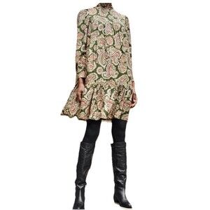 Baukjen Paisley Khaki Regina High Neck Long Sleeve Smock Dress Sz. 2 MSRP $109
